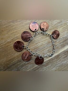 Copper Penny Charm Bracelet - Silver Chain with Penny Charms